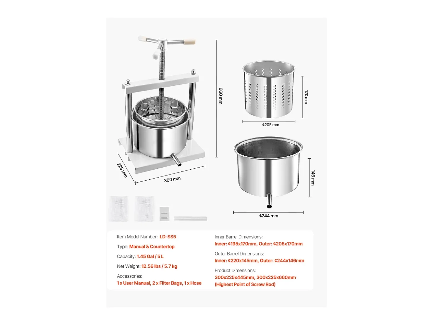 Prensa Manual para Vinificación en Casa SucceBuy, 5 L, Acero Inoxidable, Extractor de Zumo para Sidra, Manzana, Uva, Miel