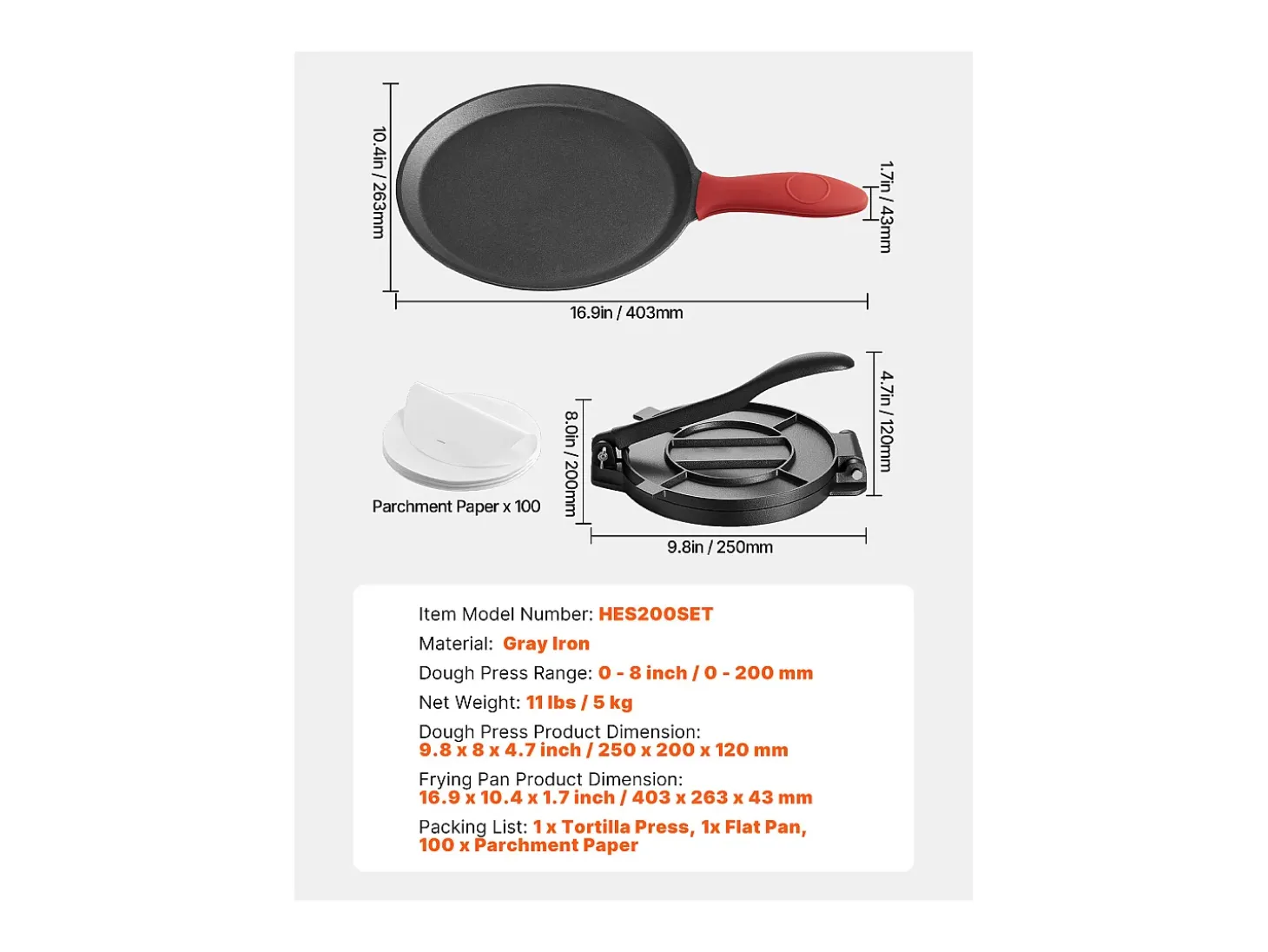 Prensa para Tortillas SucceBuy de Hierro Fundido de Alta Resistencia, 20 cm, con Asa y 100 Papeles de Pergamino, para Tortillas