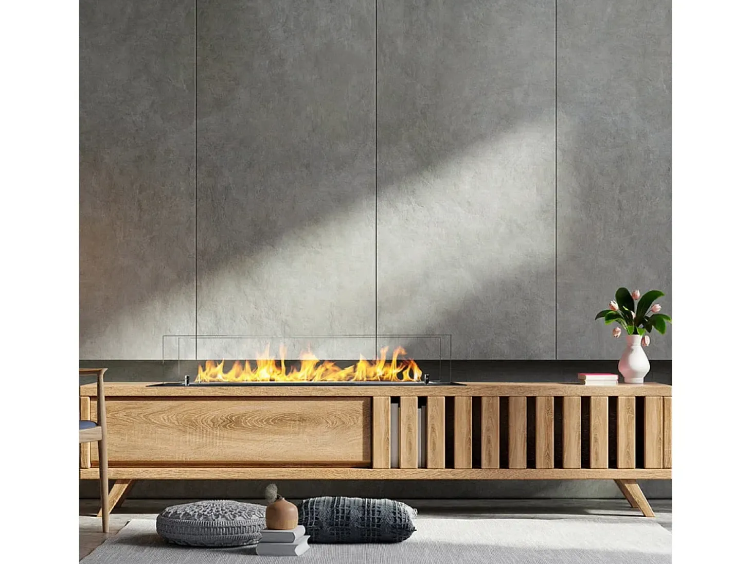 Quemador de chimenea de bioetanol fabricado en acero con cristal de 100 cm.