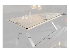 RAFTA 220 x 100 cm – Tablero en teca maciza con vidrio templado y patas metálicas negras en X