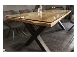 RAFTA 220 x 100 cm – Tablero en teca maciza con vidrio templado y patas metálicas negras en X