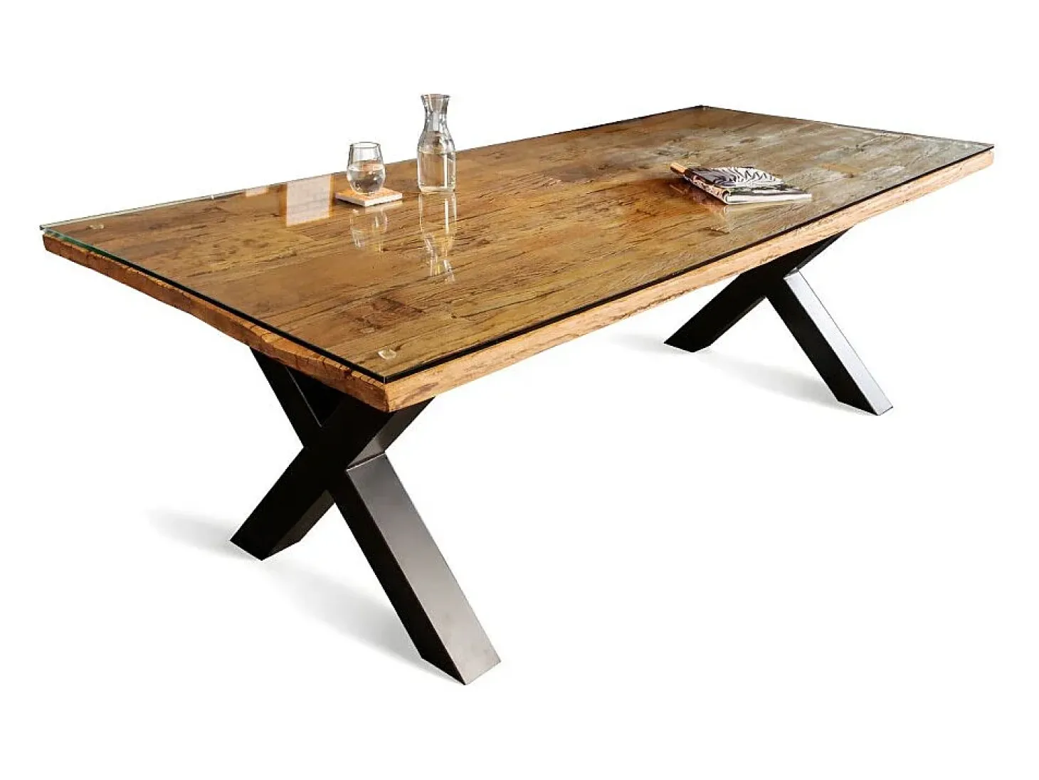 RAFTA 220 x 100 cm – Tablero en teca maciza con vidrio templado y patas metálicas negras en X