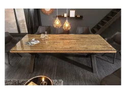 RAFTA 220 x 100 cm – Tablero en teca maciza con vidrio templado y patas metálicas negras en X
