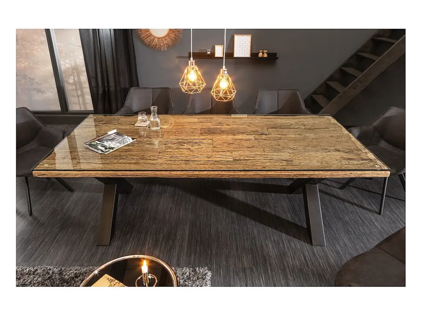RAFTA 220 x 100 cm – Tablero en teca maciza con vidrio templado y patas metálicas negras en X