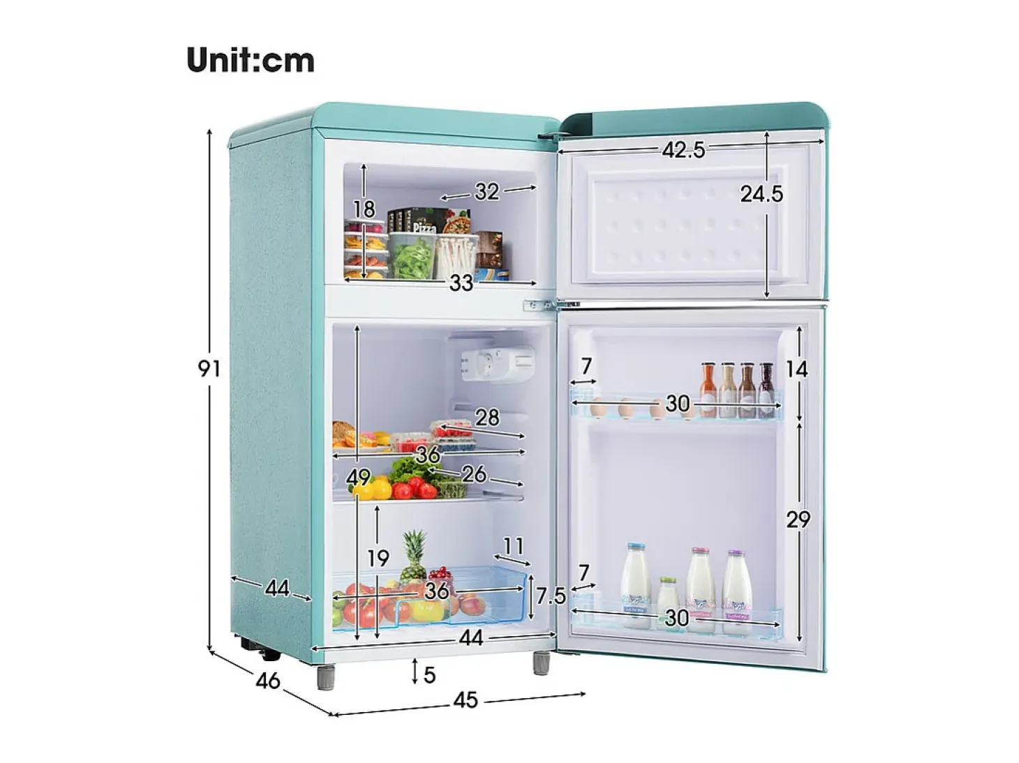 Refrigerador de doble puerta con ajustes y ruedas - 72L - 120kWh/año - Nivel de ruido bajo de 39 dB - Clase E - 45x44x91cm