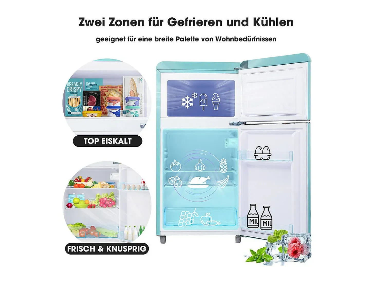 Refrigerador de doble puerta con ajustes y ruedas - 72L - 120kWh/año - Nivel de ruido bajo de 39 dB - Clase E - 45x44x91cm