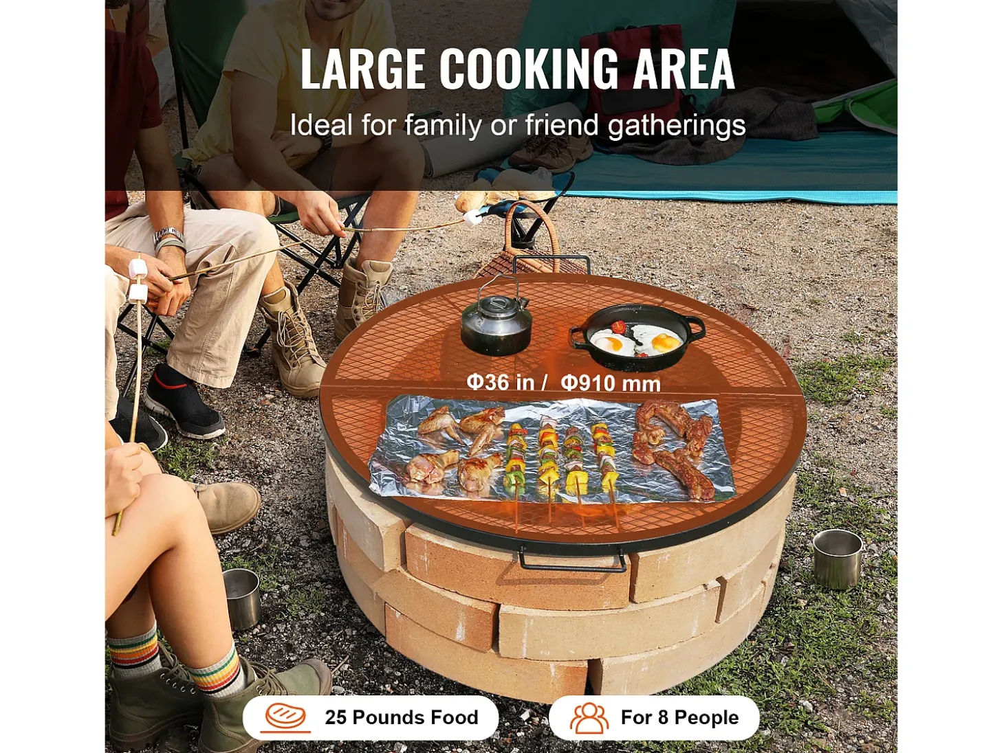 Rejilla de Hogar SucceBuy Redonda Plegable de 91cm, Acero Robusto X-Marks, Utensilios de Cocina de Camping Portátiles para Fiestas al Aire Libre, Negro