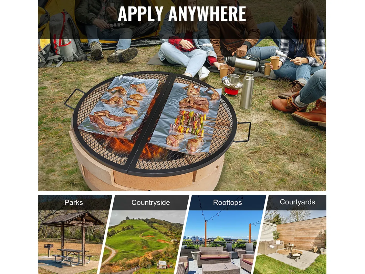 Rejilla de Hogar SucceBuy Redonda Plegable de 91cm, Acero Robusto X-Marks, Utensilios de Cocina de Camping Portátiles para Fiestas al Aire Libre, Negro