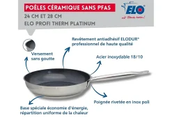 Set de 3 Sartenes Inox 18/10 ELODUR® Profi Therm Platinum Ø24-28-32 cm Sin PFAS Para Todo Tipo de Fuegos Inducción