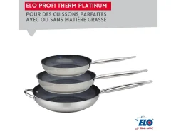 Set de 3 Sartenes Inox 18/10 ELODUR® Profi Therm Platinum Ø24-28-32 cm Sin PFAS Para Todo Tipo de Fuegos Inducción