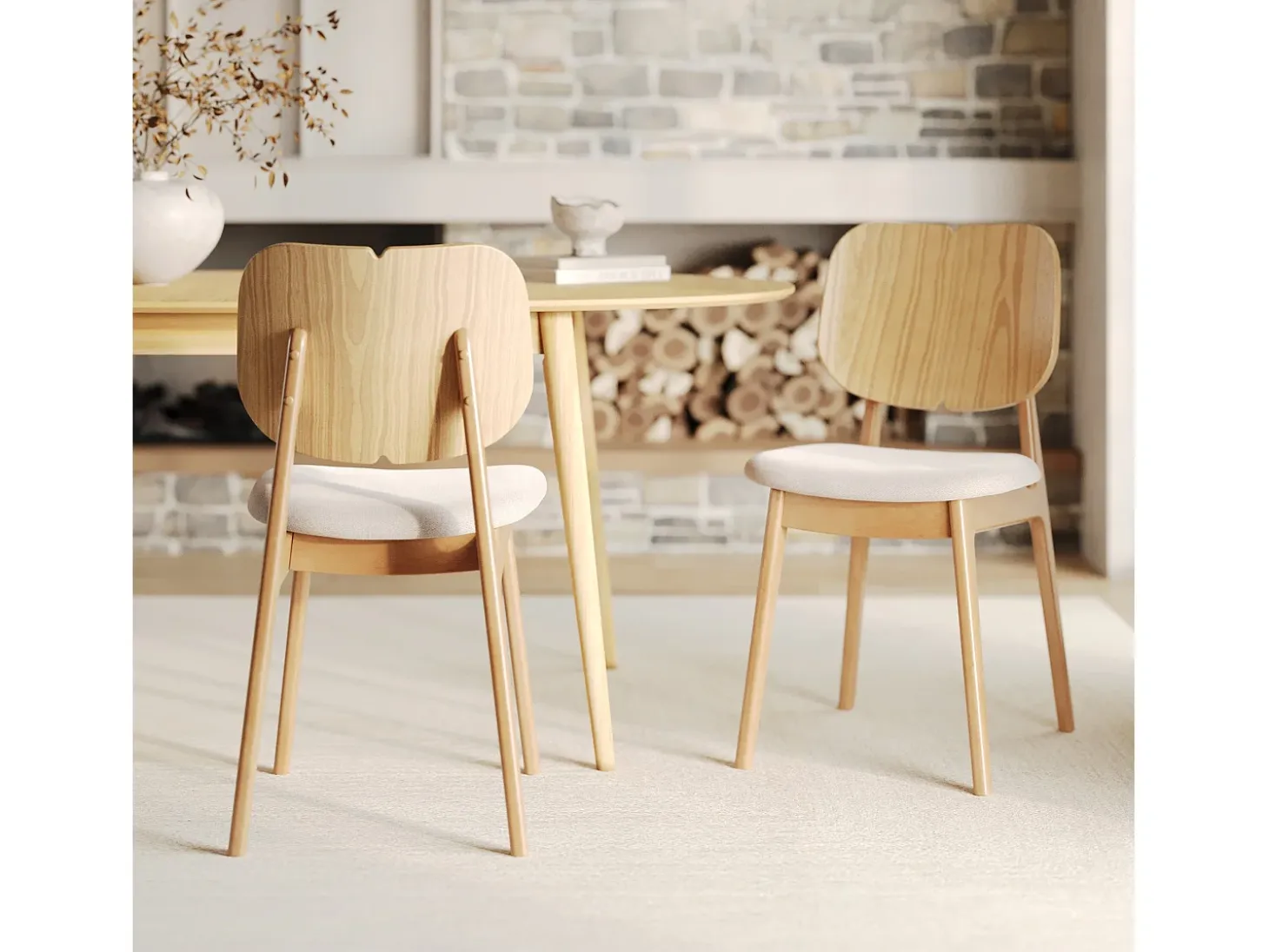 Set de 2 sillas de madera clara y tela beige - Clyde