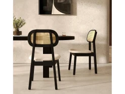 Set de 2 sillas en madera negra, tela beige y ratán - Maria