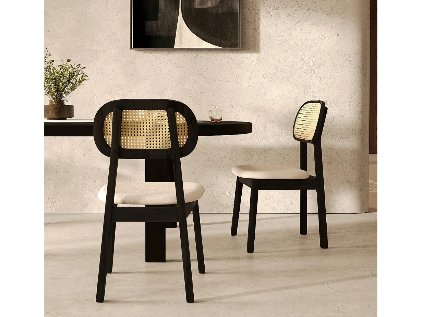 Set de 2 sillas en madera negra, tela beige y ratán - Maria