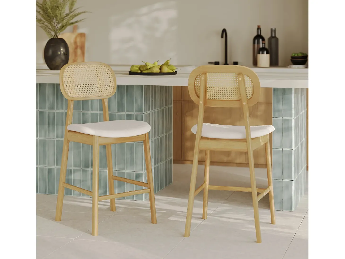 Set de 2 sillas para isla de cocina en madera y tela beige 64,5 cm - Maria
