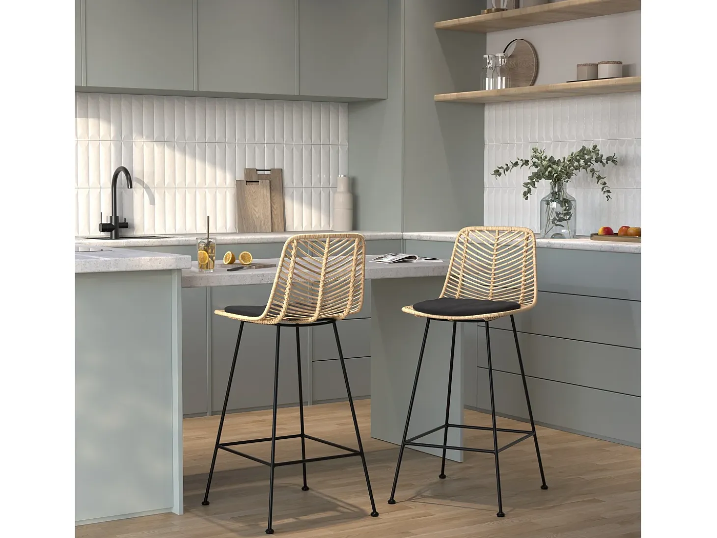 Set de 2 sillas para isla de cocina en ratán natural 66 cm - Tamara