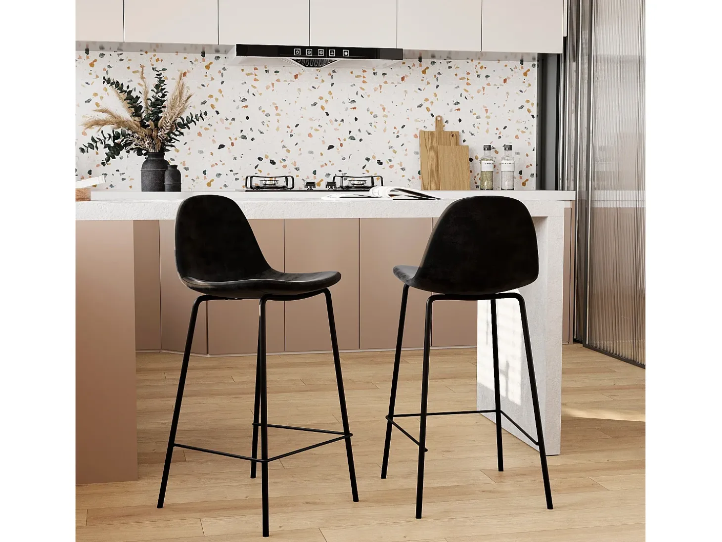 Set de 2 sillas para isla de cocina en terciopelo negro 65 cm - Henrik