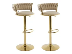 Set de 2 taburetes de bar de terciopelo y metal dorado - Altura ajustable - Beige - LOMYA