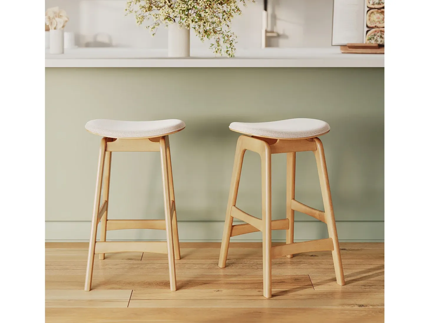 Set de 2 taburetes para isla central en madera y tela beige 65,5 cm - Jude