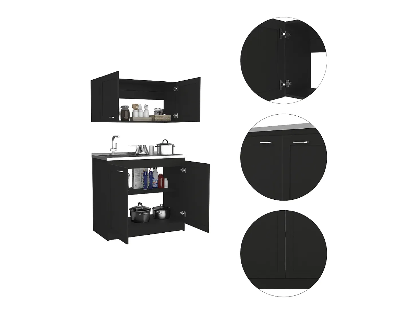 Set Muebles de cocina Zurich en Melamina,con mueble de encimera en acero inoxidable y mueble sobre campana ,32 / 52 cm X 100 cm X 49/93.6 cm ,Negro