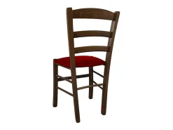 Silla de campo de madera nogal oscuro con asiento acolchado de ecopiel roja
