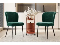 Silla de comedor (2 unidades), Diseño con respaldo, Asiento de terciopelo verde, Patas de metal, 47x43x86 cm