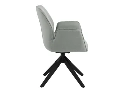 Silla de comedor Aura patas negras, con reposabrazos y retorno giratorio gris claro.