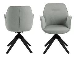 Silla de comedor Aura patas negras, con reposabrazos y retorno giratorio gris claro.