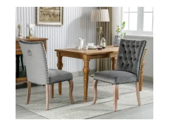 Silla de comedor con respaldo decorado, en terciopelo gris, patas de madera maciza, con clavos decorativos, juego de 2 (49x63x95 cm)