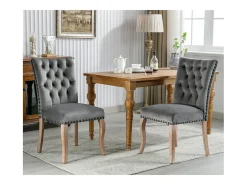 Silla de comedor con respaldo decorado, en terciopelo gris, patas de madera maciza, con clavos decorativos, juego de 2 (49x63x95 cm)