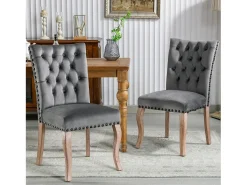 Silla de comedor con respaldo decorado, en terciopelo gris, patas de madera maciza, con clavos decorativos, juego de 2 (49x63x95 cm)