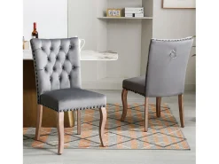Silla de comedor con respaldo decorado, en terciopelo gris, patas de madera maciza, con clavos decorativos, juego de 2 (49x63x95 cm)