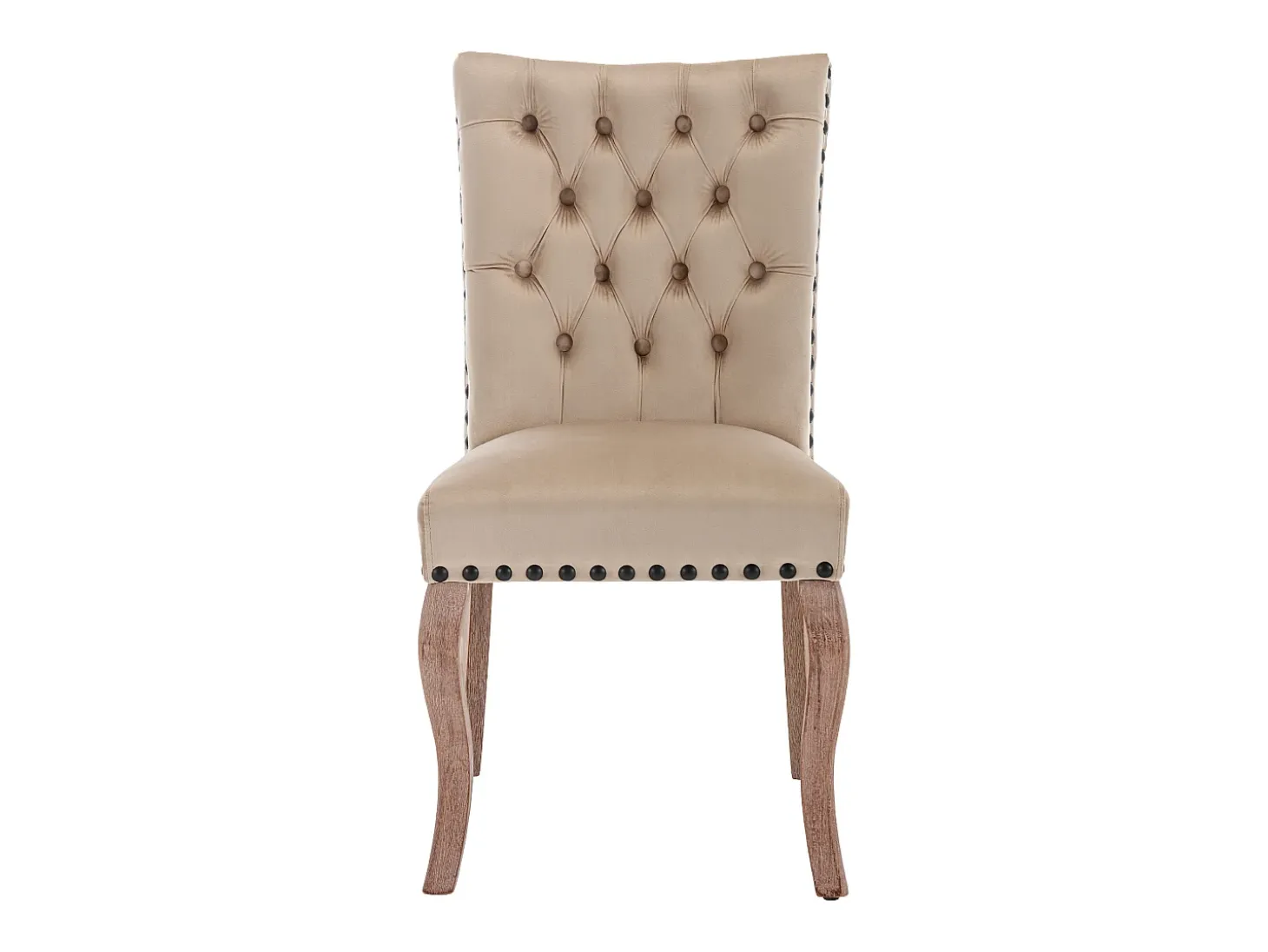 Silla de comedor con respaldo decorado, en terciopelo camel, patas de madera maciza, con clavos decorativos, juego de 2 (49x63x95 cm)