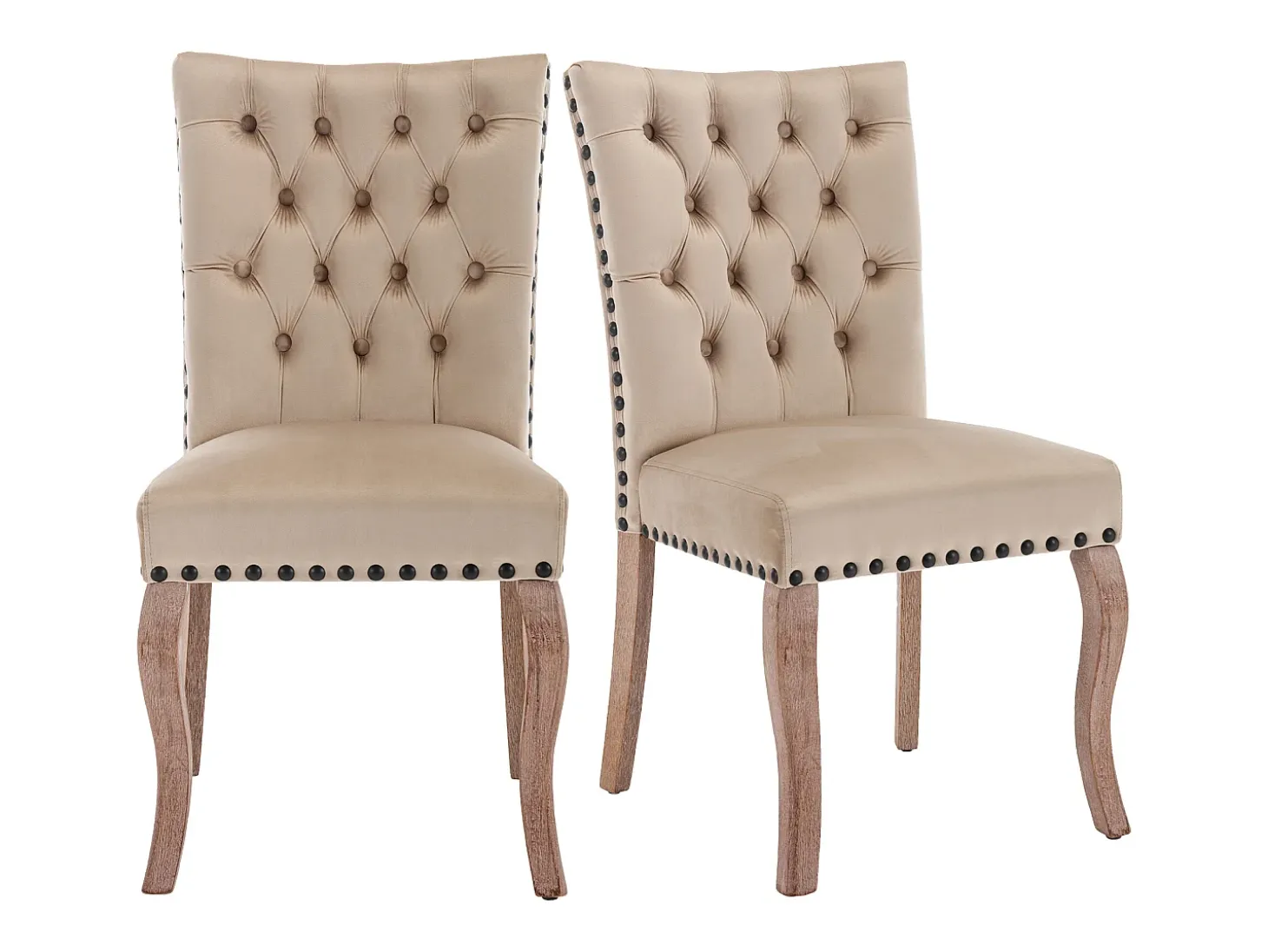 Silla de comedor con respaldo decorado, en terciopelo camel, patas de madera maciza, con clavos decorativos, juego de 2 (49x63x95 cm)