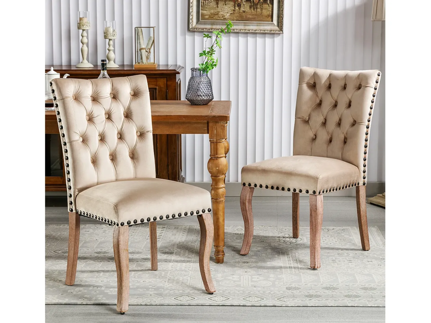 Silla de comedor con respaldo decorado, en terciopelo camel, patas de madera maciza, con clavos decorativos, juego de 2 (49x63x95 cm)