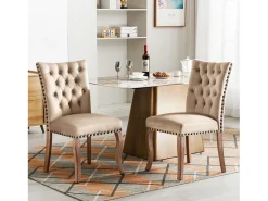 Silla de comedor con respaldo decorado, en terciopelo camel, patas de madera maciza, con clavos decorativos, juego de 2 (49x63x95 cm)