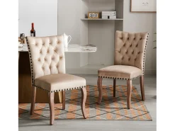 Silla de comedor con respaldo decorado, en terciopelo camel, patas de madera maciza, con clavos decorativos, juego de 2 (49x63x95 cm)