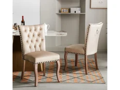Silla de comedor con respaldo decorado, en terciopelo camel, patas de madera maciza, con clavos decorativos, juego de 2 (49x63x95 cm)