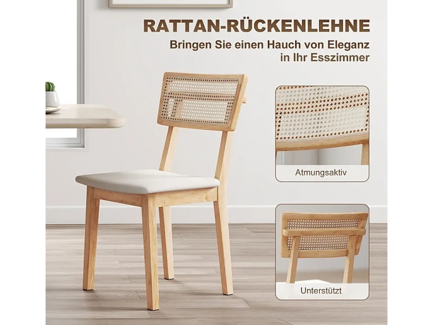 Silla de comedor, con respaldo de ratán, asiento de símil piel, madera de caucho, madera natural.