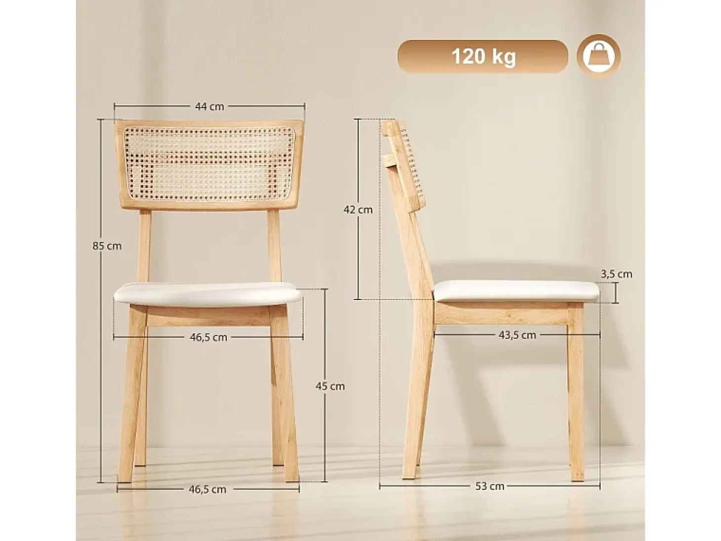 Silla de comedor, con respaldo de ratán, asiento de símil piel, madera de caucho, madera natural.