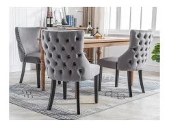 Silla de comedor de 1,2 m de terciopelo gris con botones capitoné y estructura de madera maciza, color gris (juego de 2)