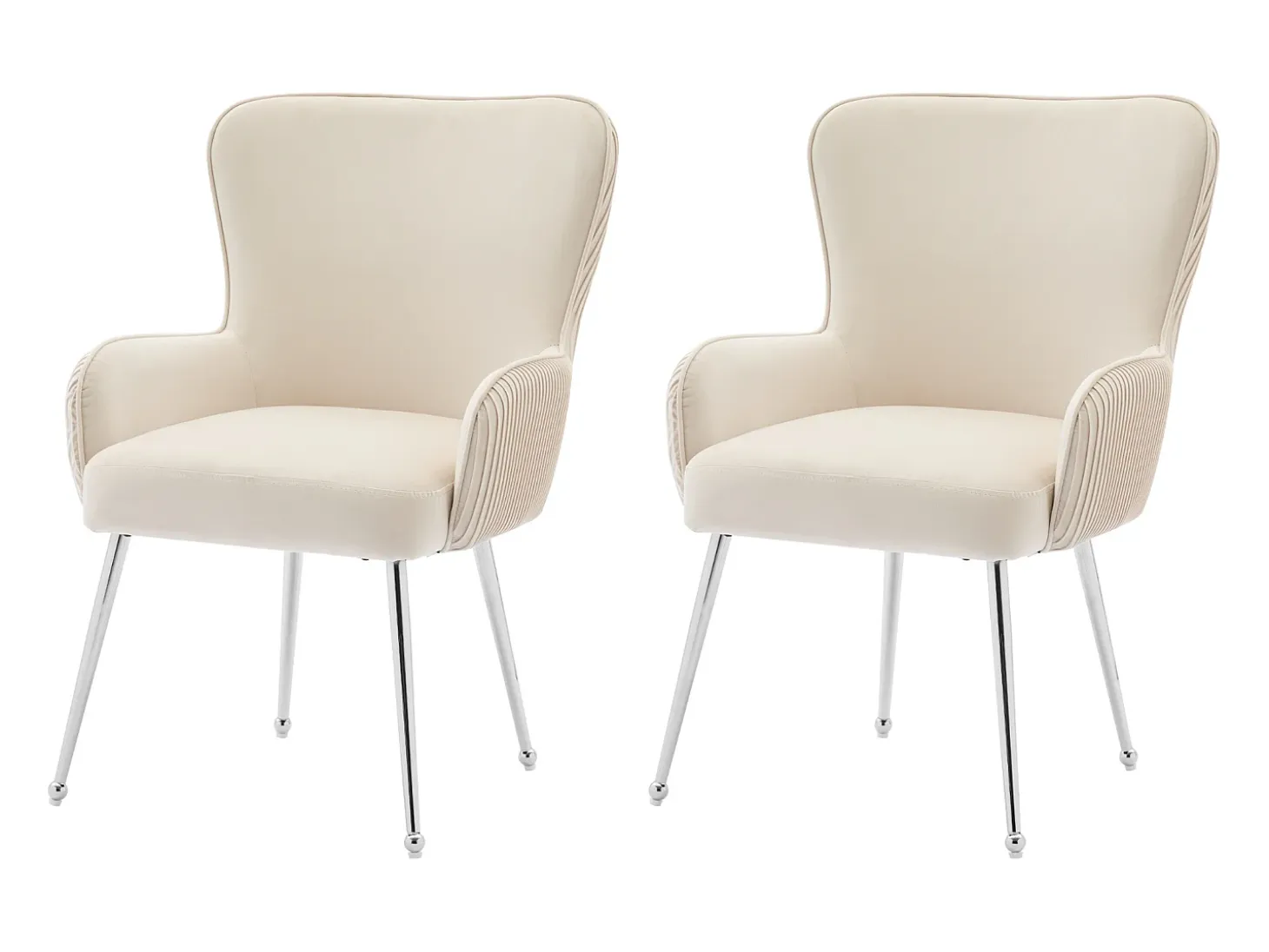 Silla de comedor de 2 piezas de terciopelo beige con reposabrazos, patas de metal plateado, soporte lumbar (69x58,5x56 cm)