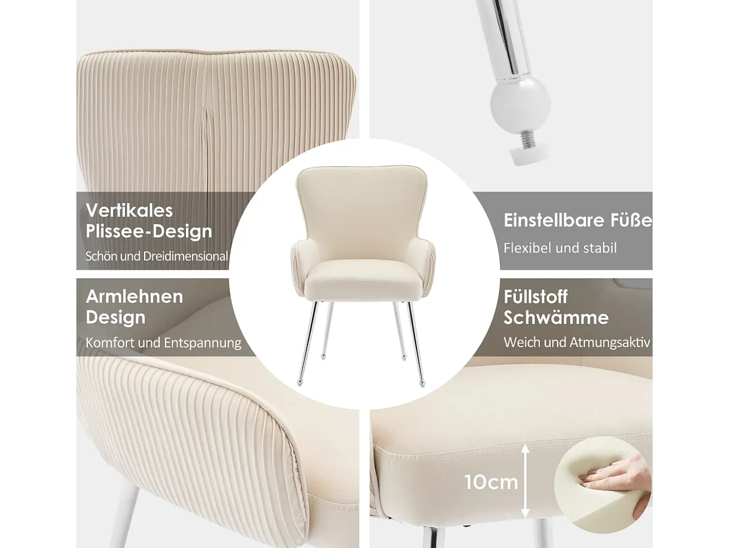 Silla de comedor de 2 piezas de terciopelo beige con reposabrazos, patas de metal plateado, soporte lumbar (69x58,5x56 cm)
