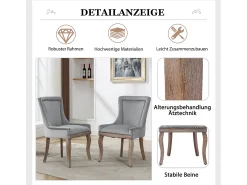 Silla de comedor de lujo (silla de cocina, silla de salón, 2 piezas), silla tapizada con ribete de clavo, patas de madera maciza, funda de terciopelo, gris