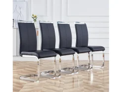 Silla de comedor de piel sintética negra con respaldo alto y reposabrazos, estructura de metal cromado, juego de 4 (no aplicable)