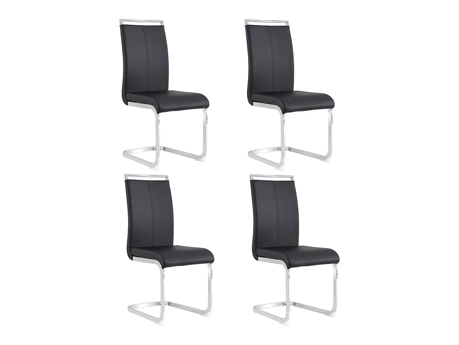 Silla de comedor de piel sintética negra con respaldo alto y reposabrazos, estructura de metal cromado, juego de 4 (no aplicable)