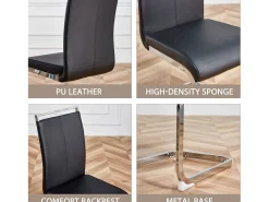 Silla de comedor de piel sintética negra con respaldo alto y reposabrazos, estructura de metal cromado, juego de 4 (no aplicable)