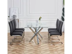 Silla de comedor de piel sintética negra con respaldo alto y reposabrazos, estructura de metal cromado, juego de 4 (no aplicable)