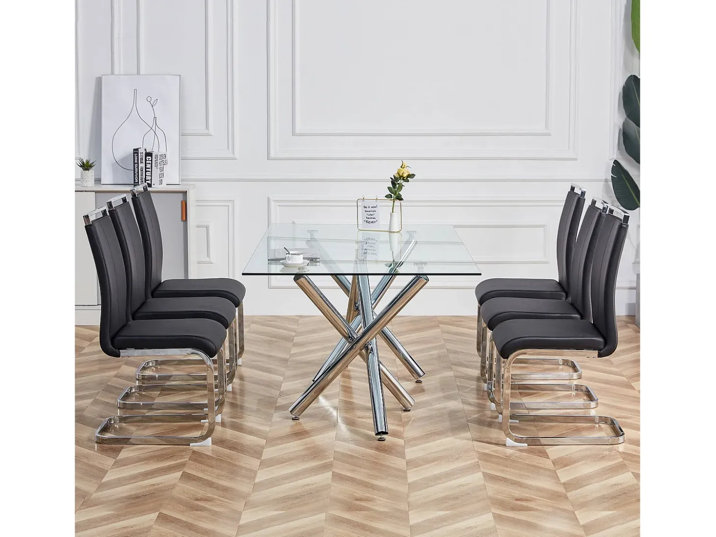 Silla de comedor de piel sintética negra con respaldo alto y reposabrazos, estructura de metal cromado, juego de 4 (no aplicable)