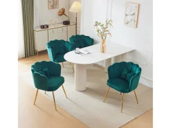 Silla de comedor de terciopelo, respaldo pétalo, patas de metal dorado – verde