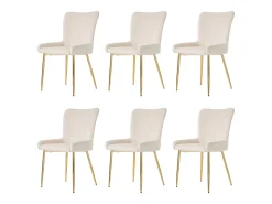 Silla de comedor de terciopelo, lote de 6, tumbona con cuatro patas de metal dorado, beige